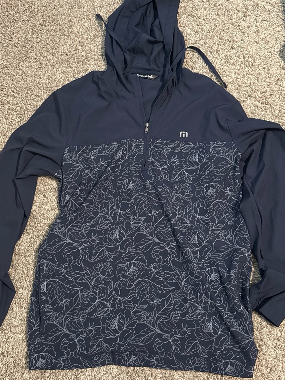 Travis Mathew Navy Hooded Windbreaker with Floral Outline Print